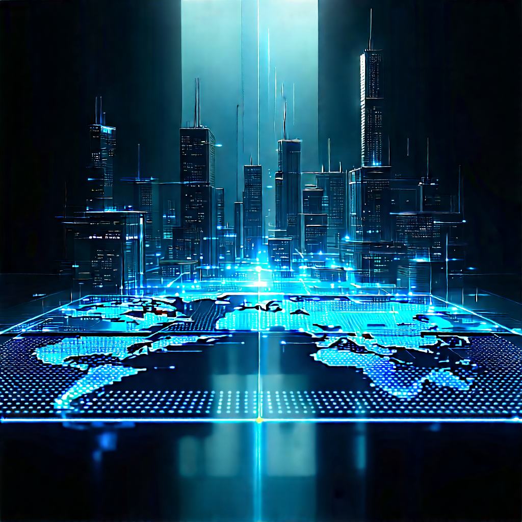 Financial Technology In Tech Office With Futuristic Cityscape