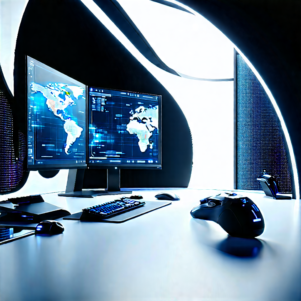Futuristic Digital Workspace With Computer Desk