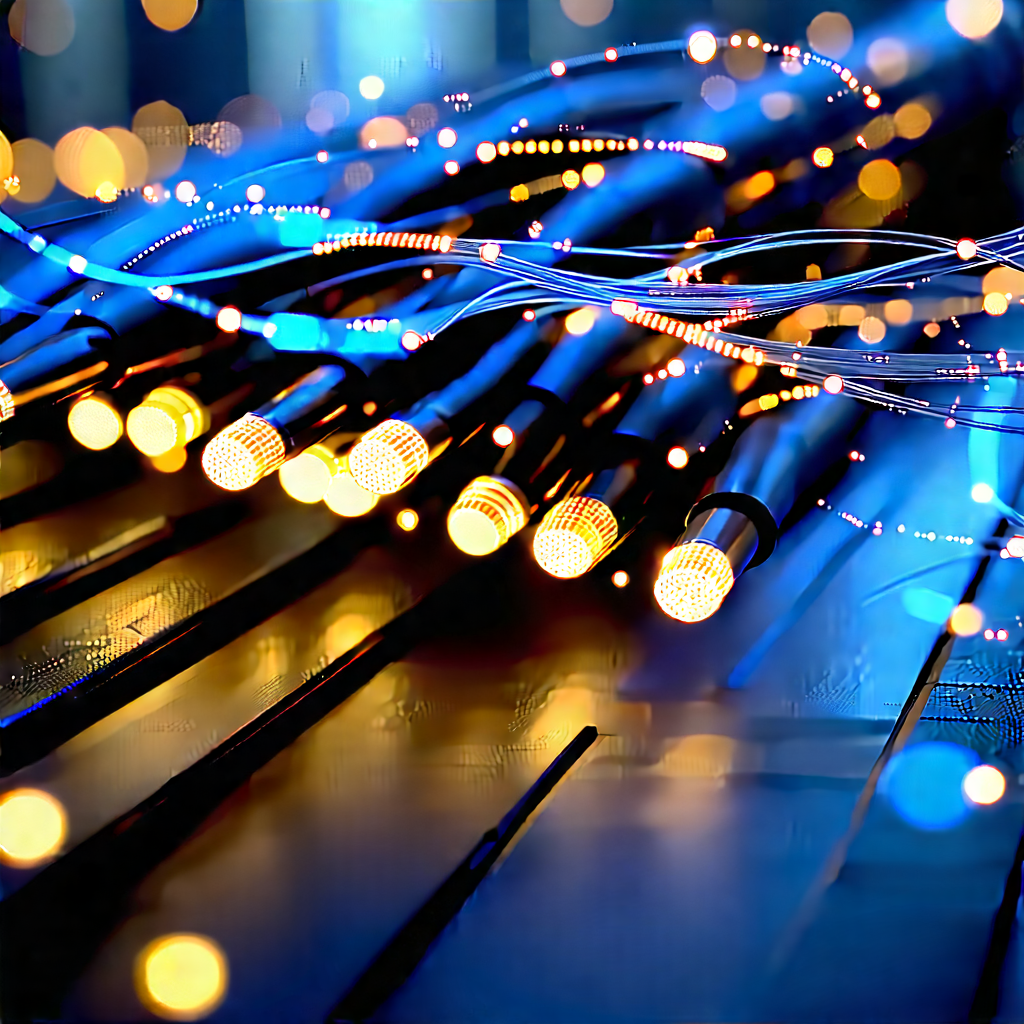 Close-up Of Fiber Optic Cables With Blue Background