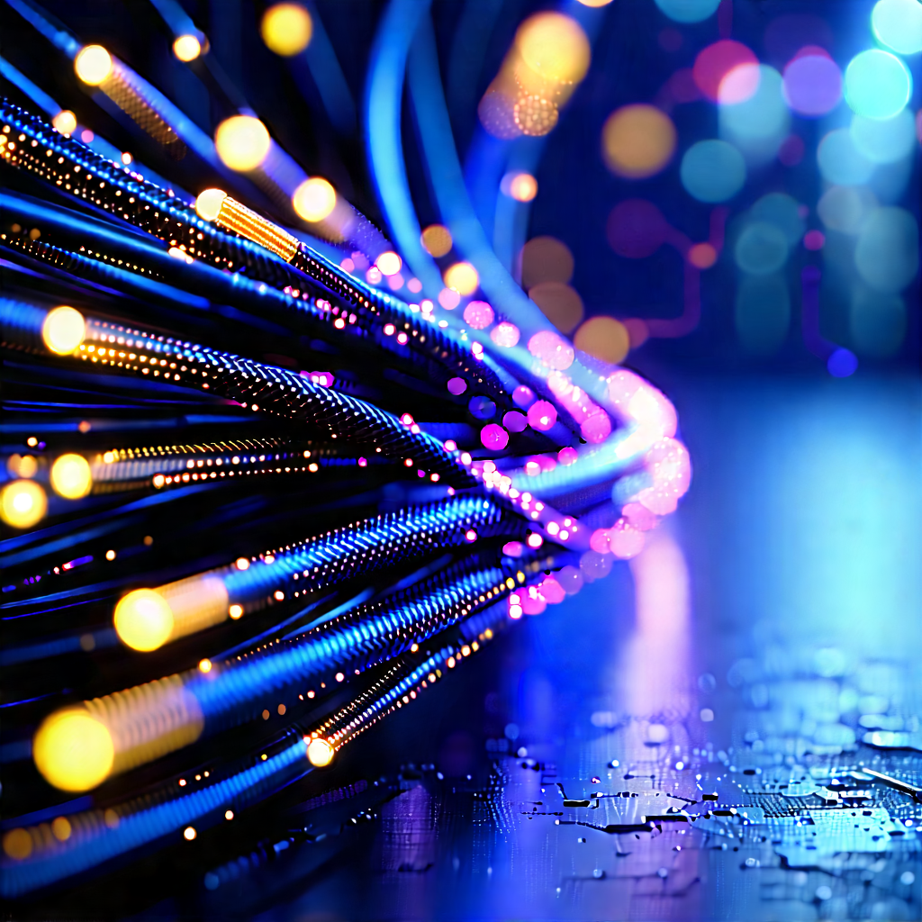 Close-up Of Fiber Optic Cables With Blue Light