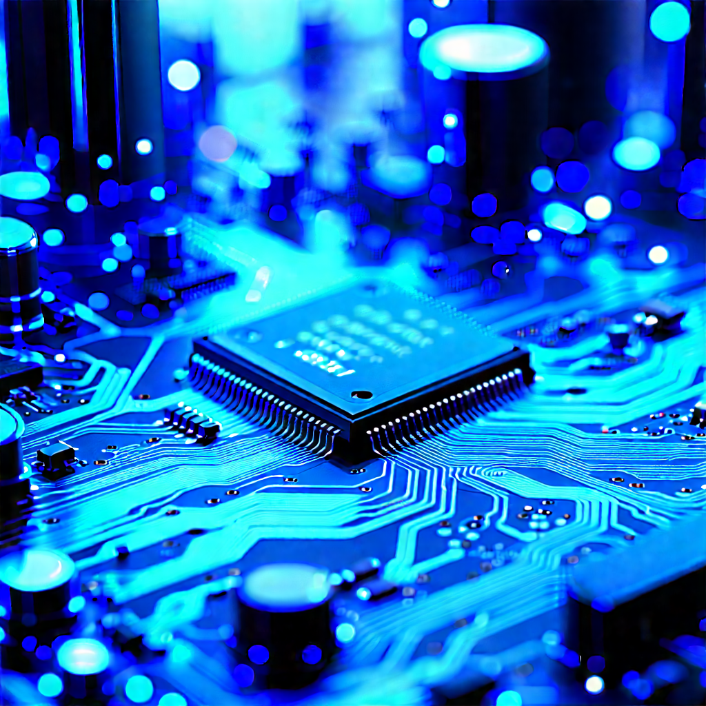Circuit Board With Blue Light Glow With Close-up Computer