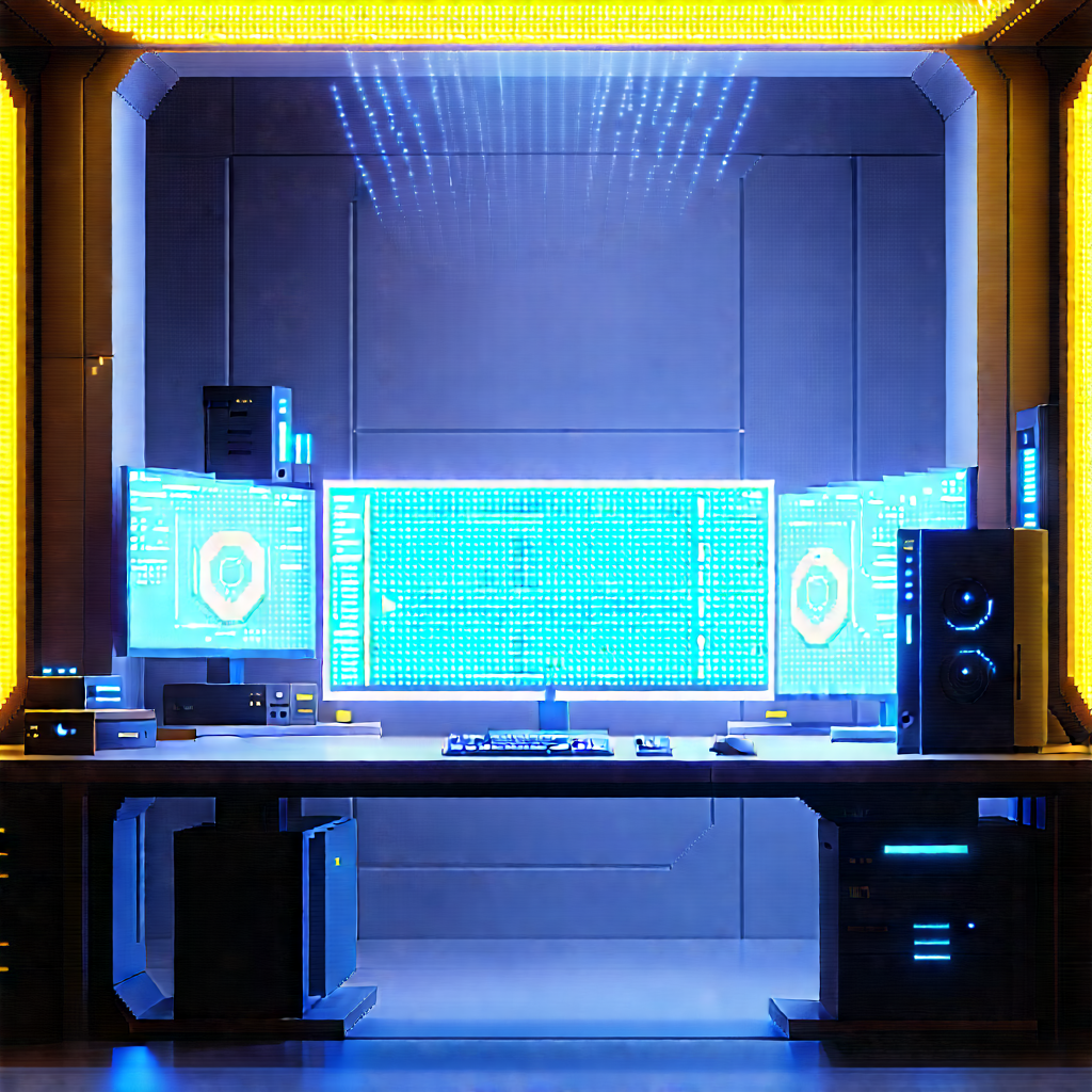 Futuristic Digital Workspace With Computer Desk