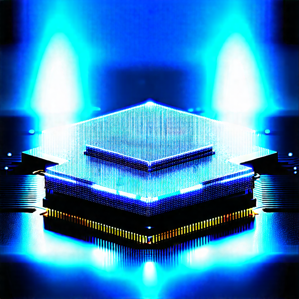 Microchip With Blue Light Glow With Close-up Computer