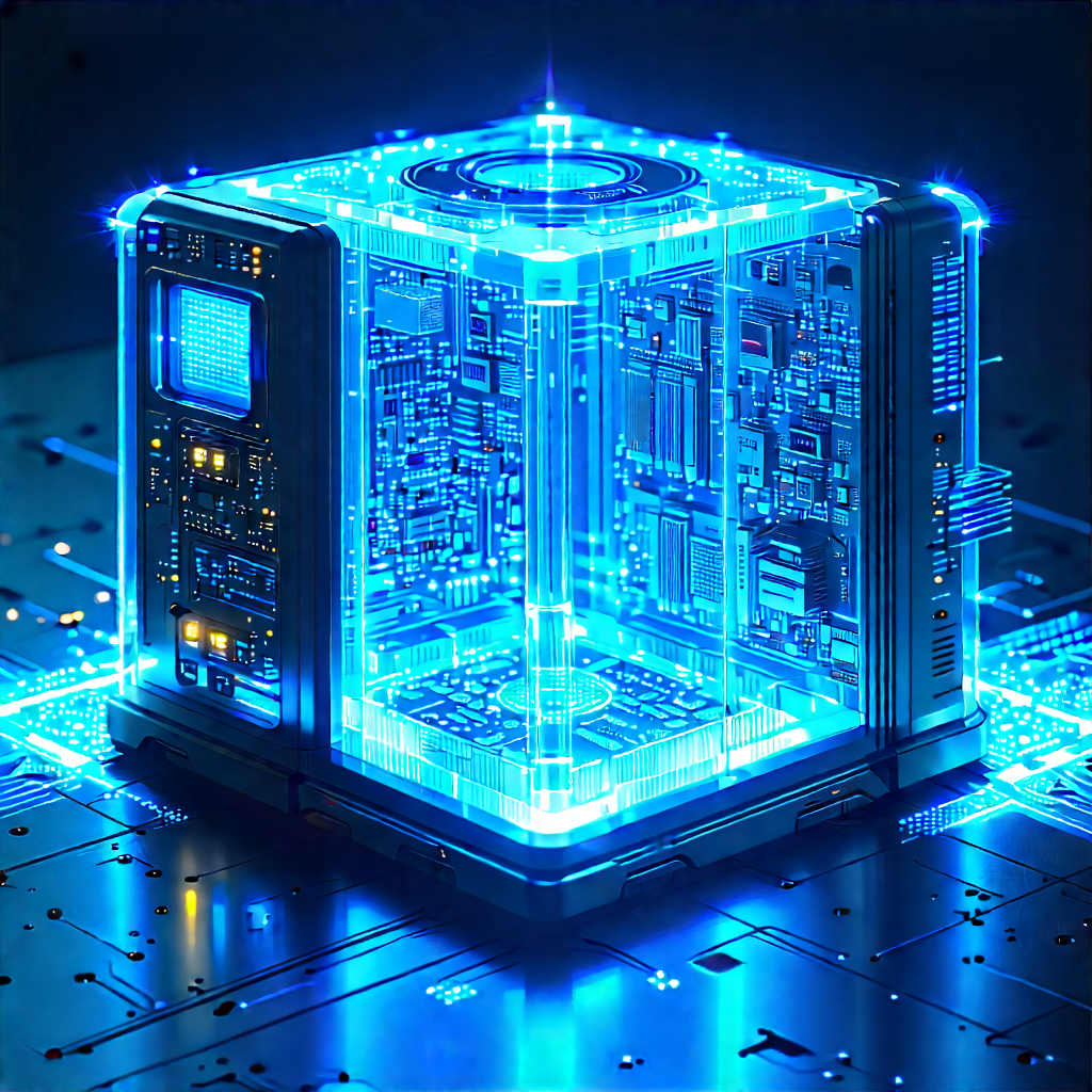 Quantum computer with blue light (glow:1.42)