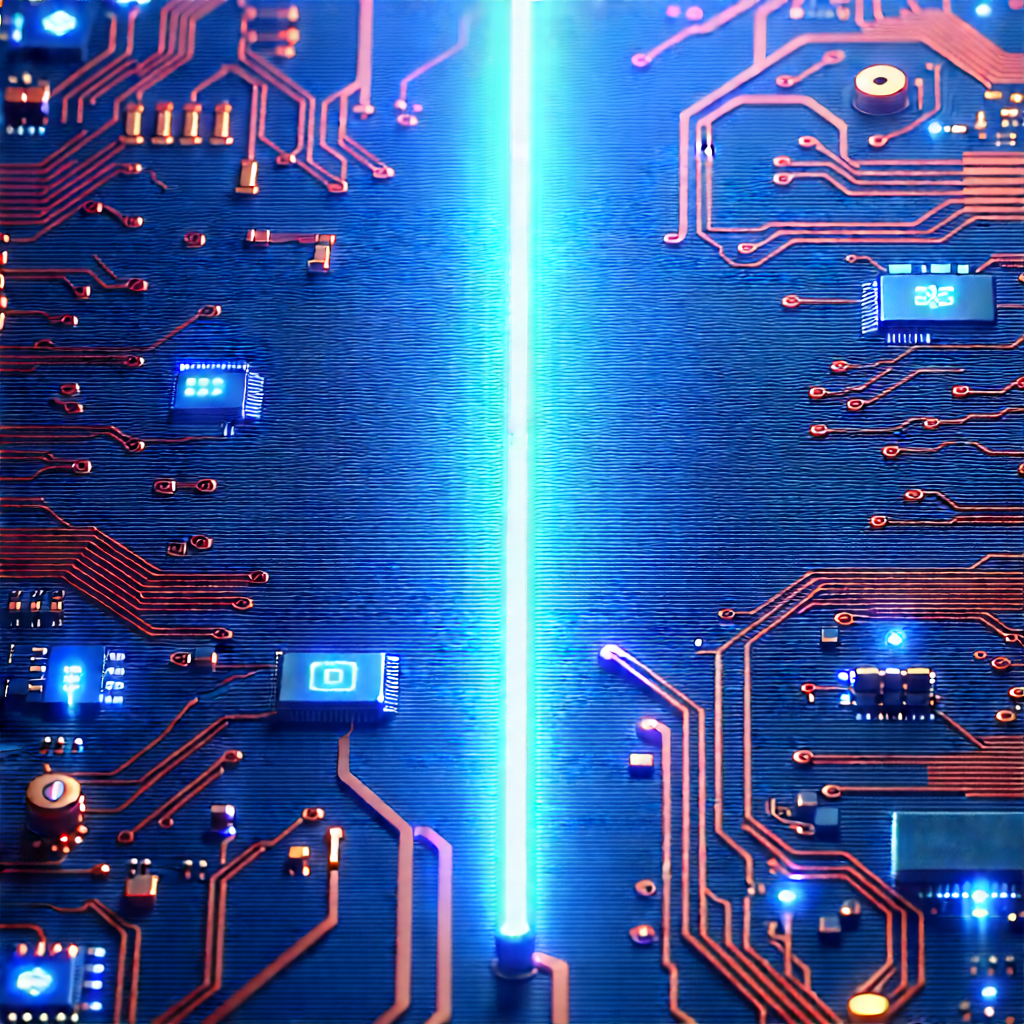 Circuit Board With Blue Light Glow With Close-up Computer