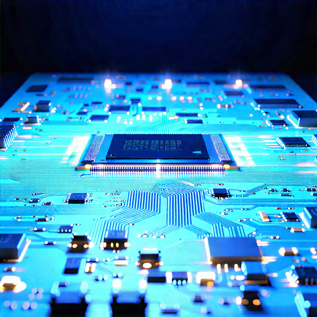 Circuit board with blue light glow