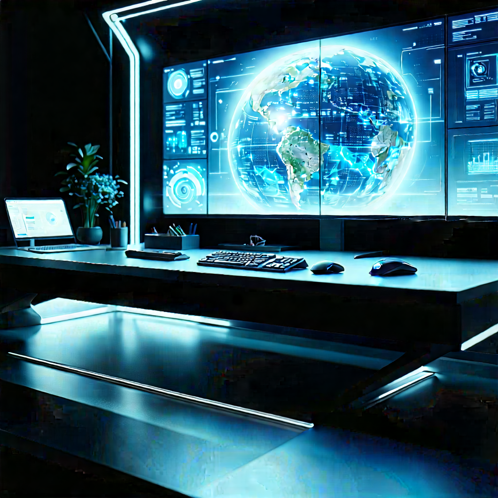 (futuristic:1.12) Digital Workspace With Computer Desk