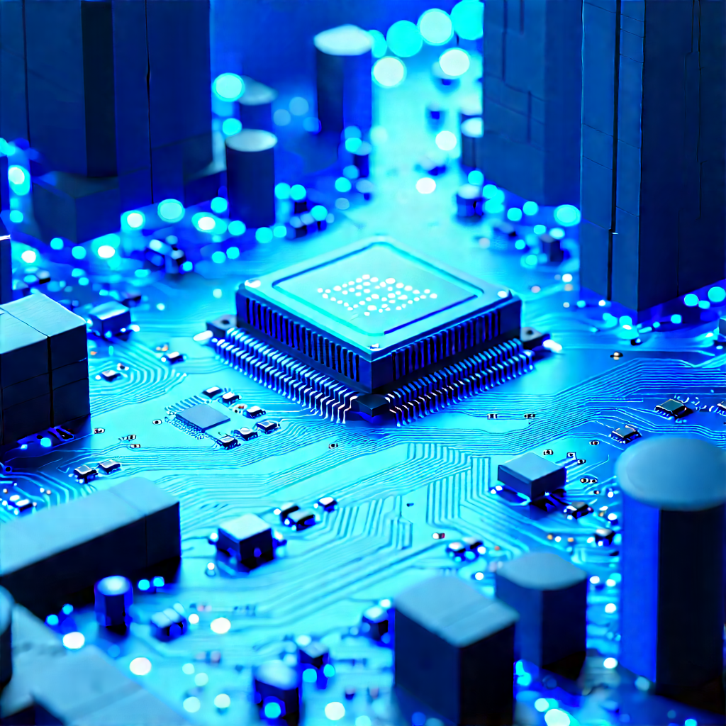 Circuit board with blue light (glow:1.19)