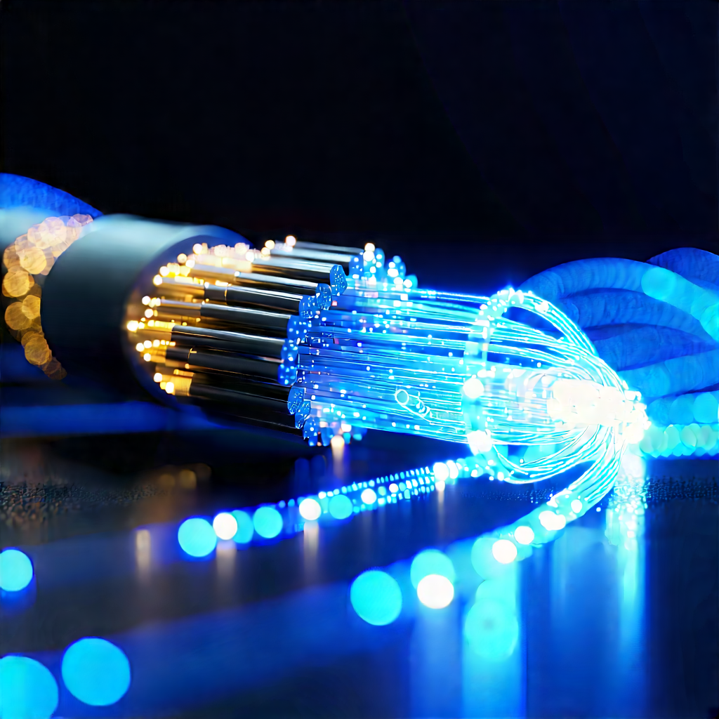 Close-up Of Fiber Optic Cables With Blue Light