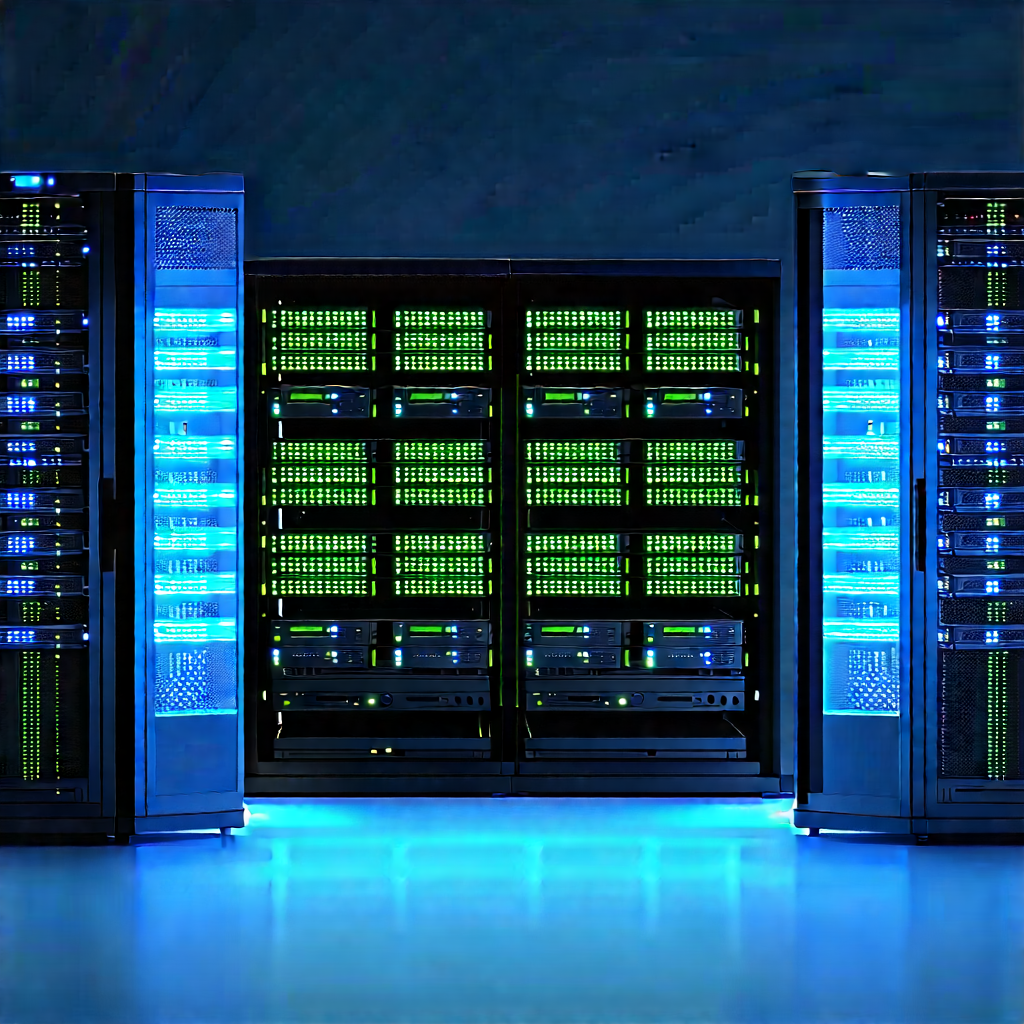 Server rack with blue light glow