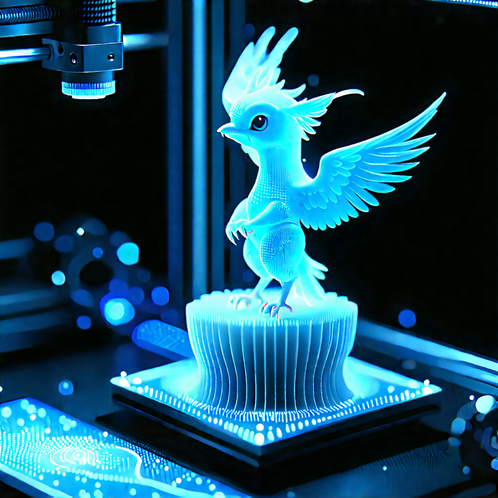 3d Printer With Holographic Projection With Blue Bird