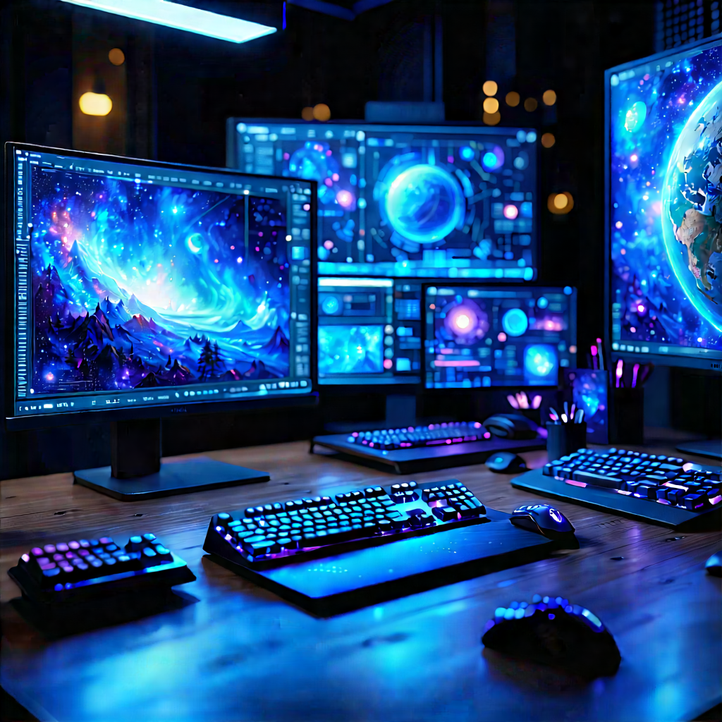 (futuristic:1.3) (digital:1.11) Workspace With Image, There