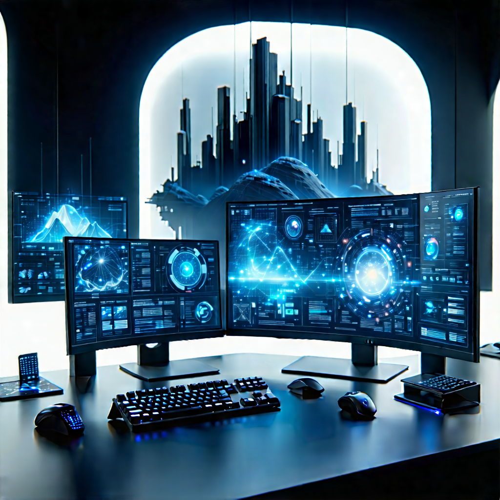 (futuristic:1.29) (digital:1.32) Workspace With Computer Desk