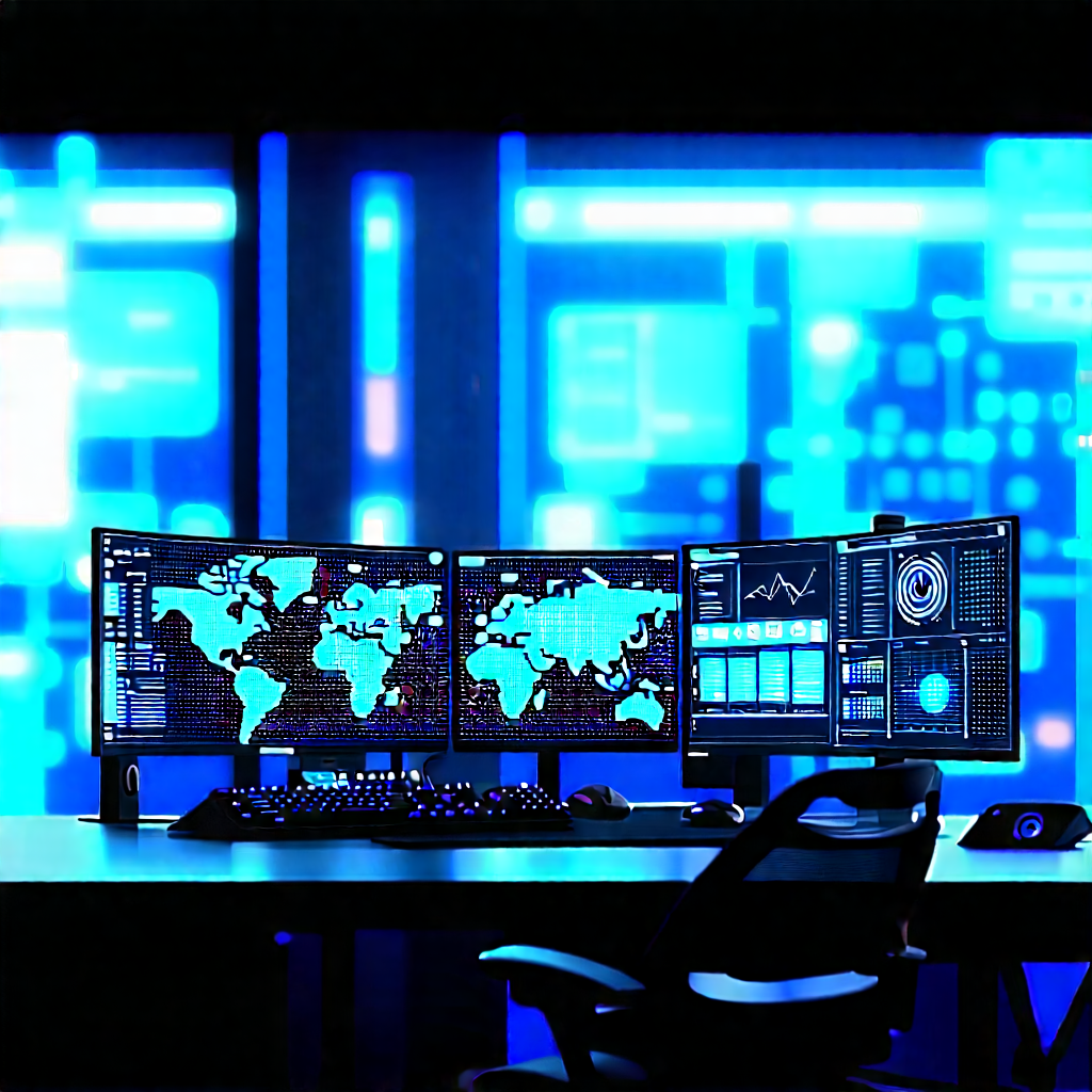 Futuristic Digital Workspace With Computer Desk