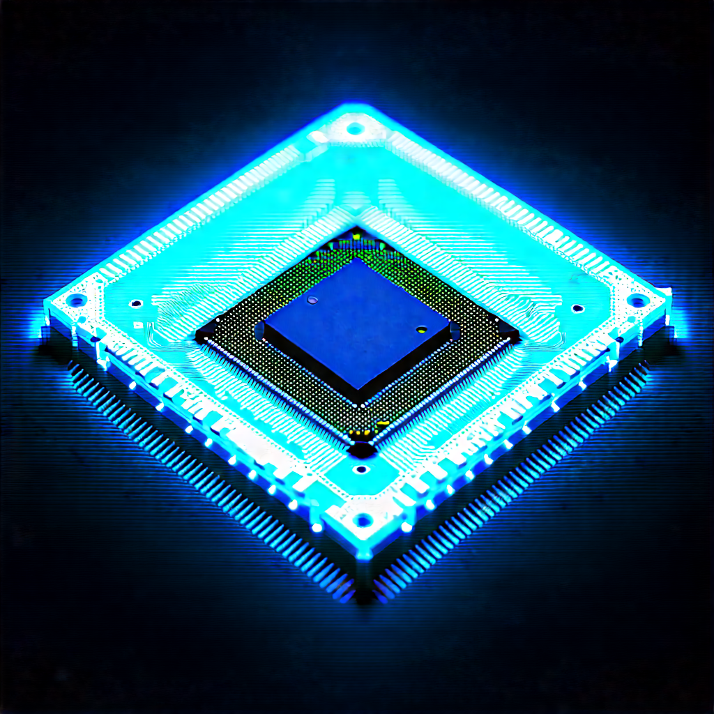 Microchip With Blue Light Glow With Close-up Computer