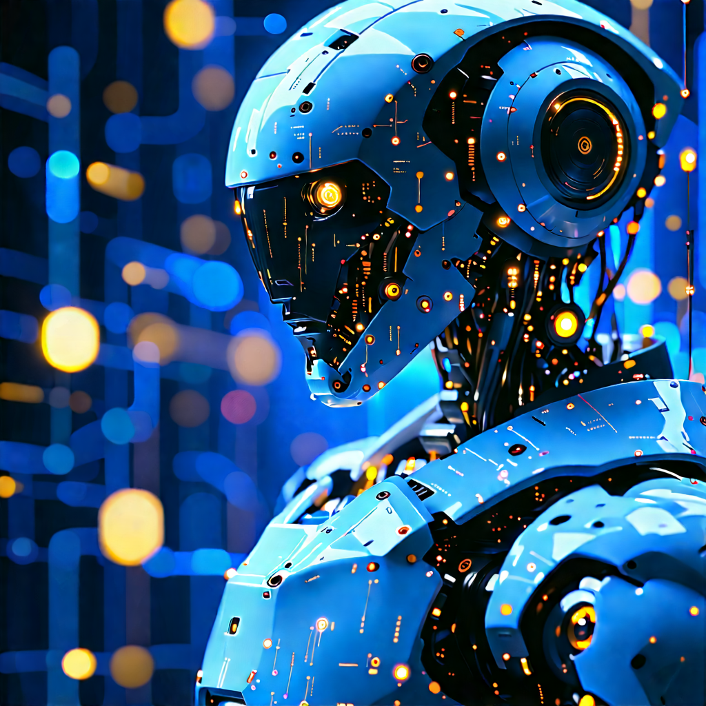 Robot With Data Streams With Futuristic Robot