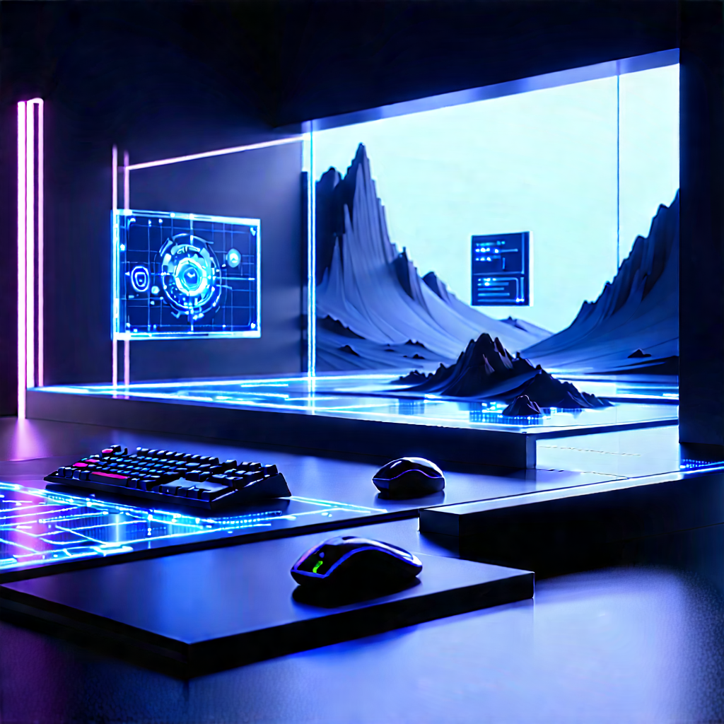 Futuristic Digital Workspace With Computer Desk