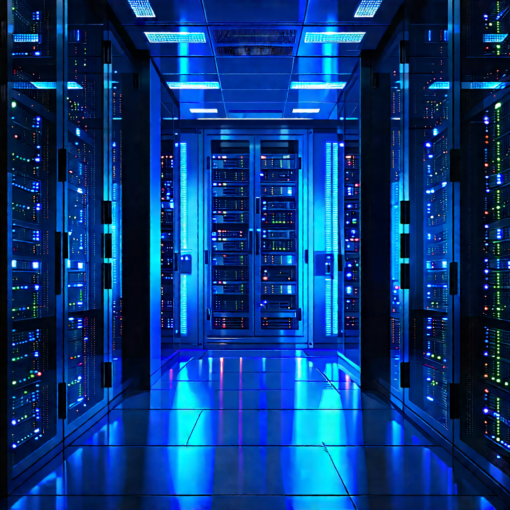 Server Rack With Blue Light Glow With Large Room