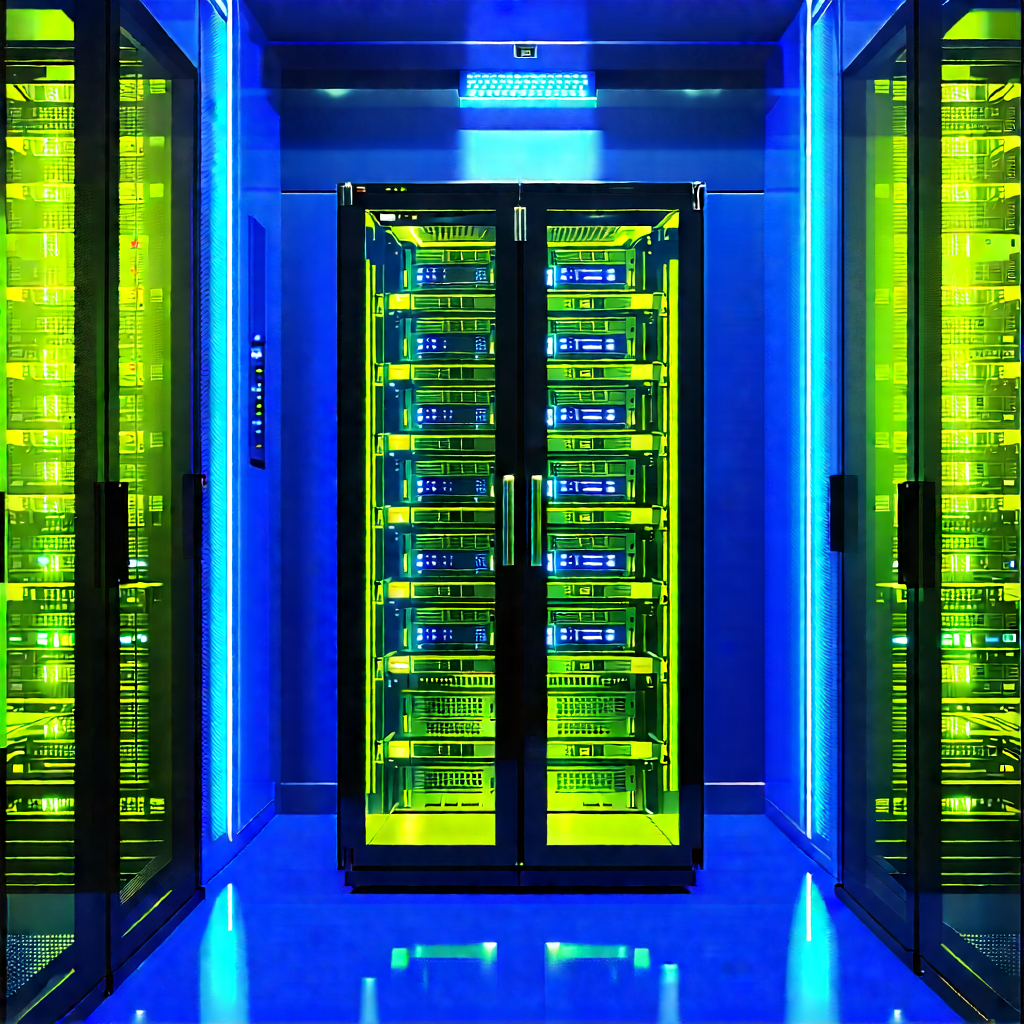 Server rack with blue light glow