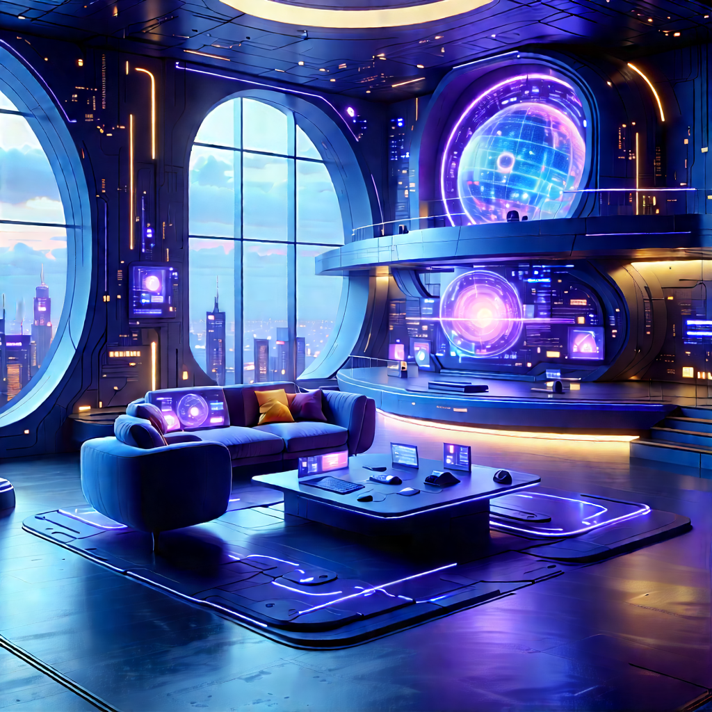 (futuristic:1.4) Tech Startup Office With Futuristic Living