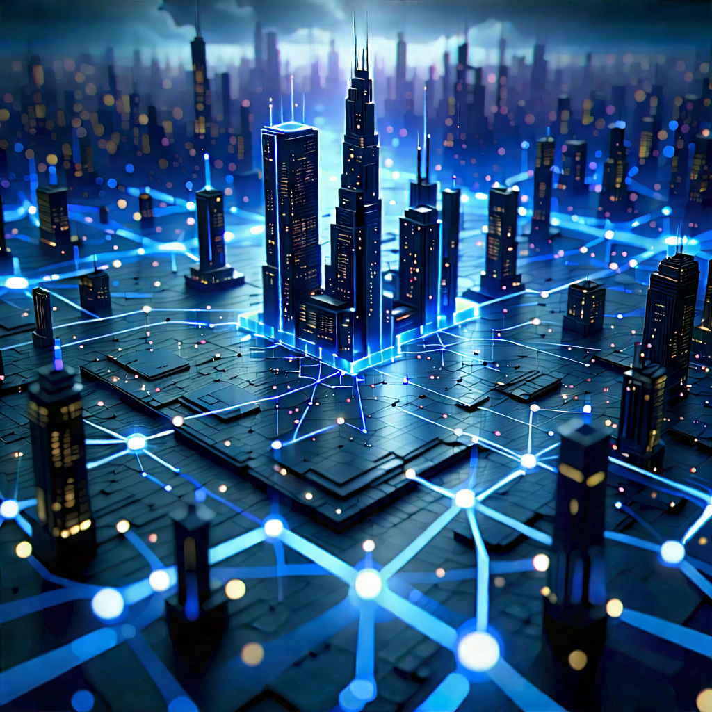 Blockchain Network Visualization With Futuristic Cityscape