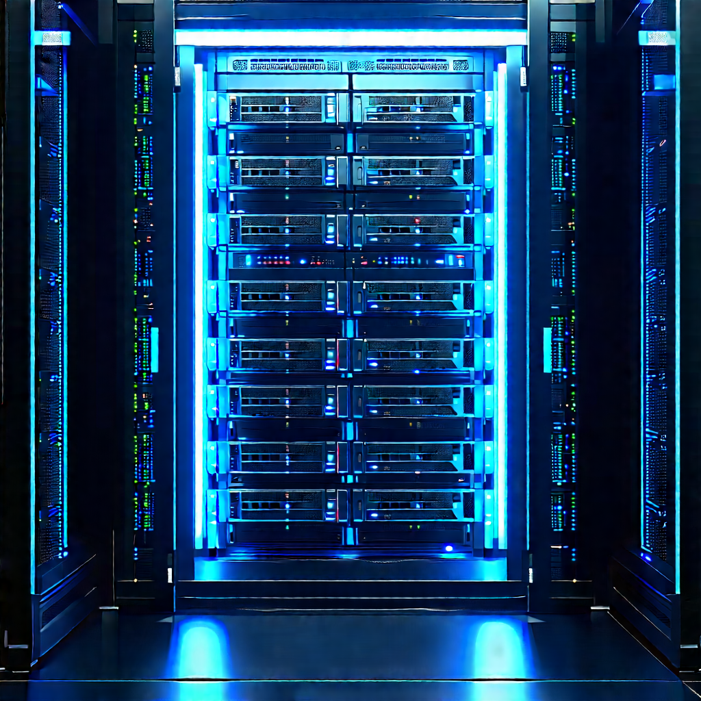 Server Rack With Blue Light Glow With Large Blue