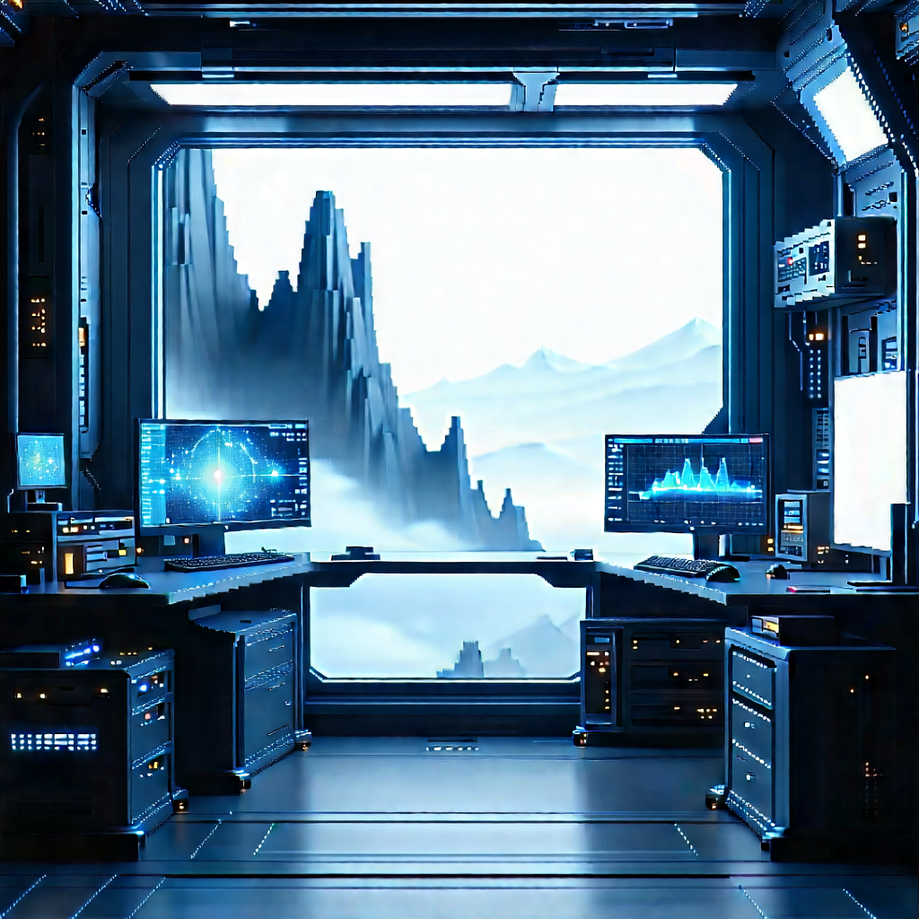 Futuristic (digital:1.12) Workspace With Futuristic Setting,