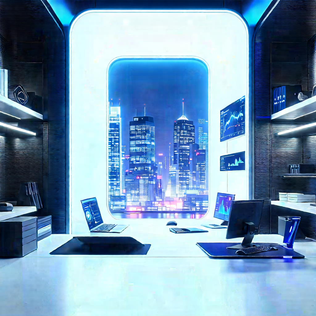 (futuristic:1.13) Tech Startup Office With Image, There