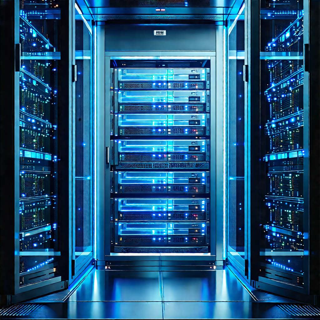 Server rack with blue light glow