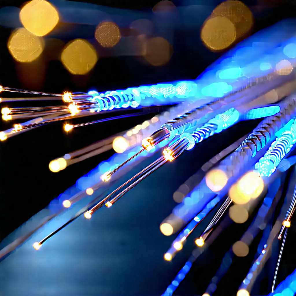 Close-up Of Fiber Optic Cables With Blue Light