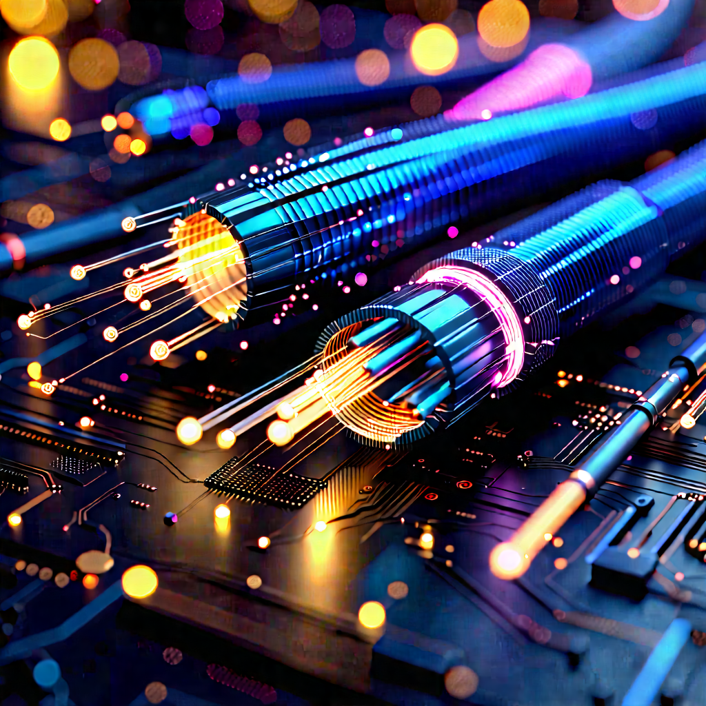 Close-up Of Fiber Optic Cables With Close-up Computer