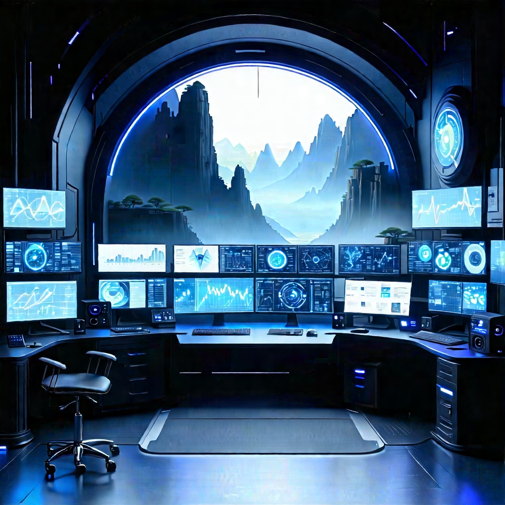 Futuristic (digital:1.11) Workspace With Image, There