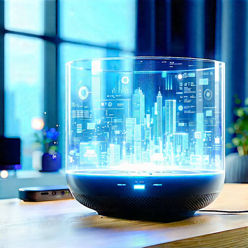 Smart Home Device With Data Visualization With Futuristic Cityscape
