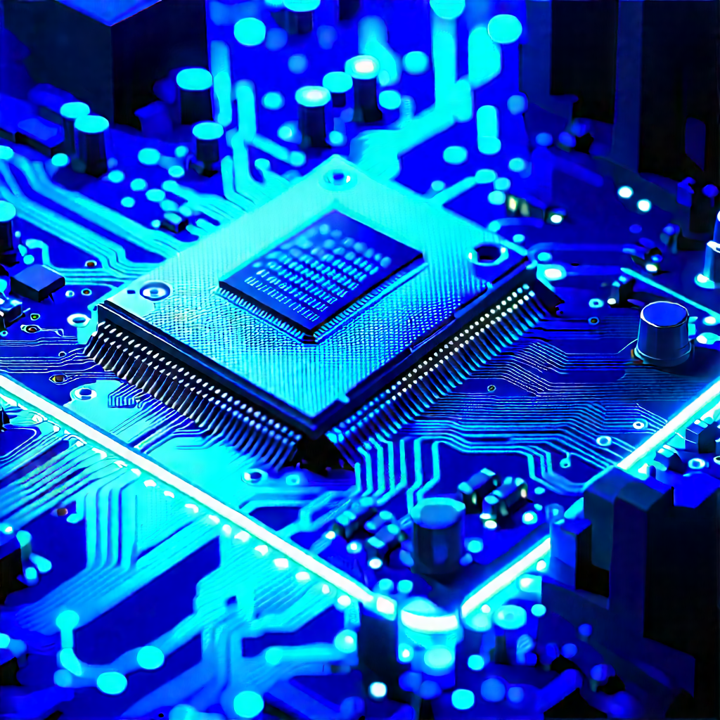 Circuit board with blue light glow