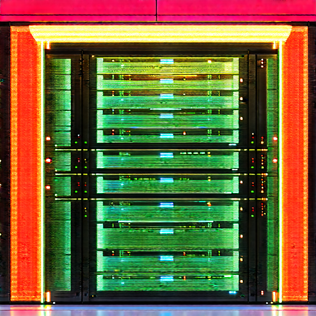 Server Rack With Neon Accents With Large Computer