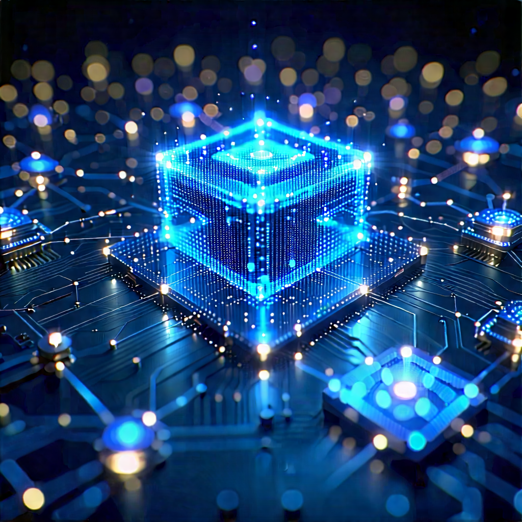 Blockchain Network Visualization With Blue, Three-dimensional