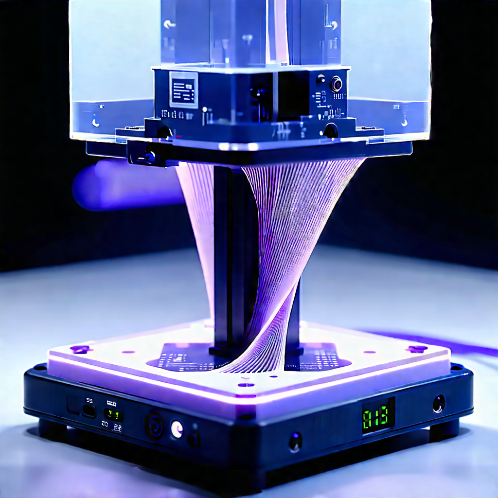 3d Printer With Data Streams With Purple Blue