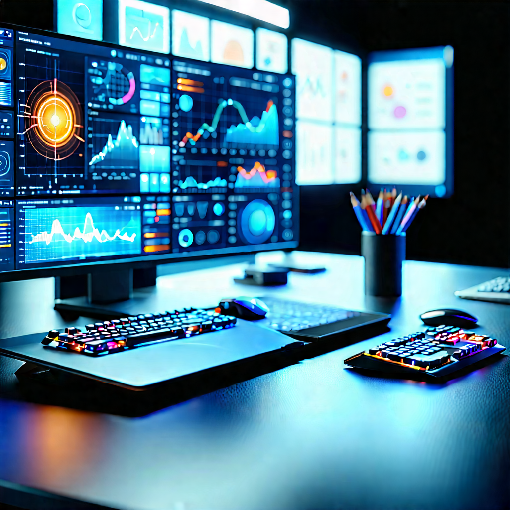 Futuristic (digital:1.28) Workspace With Desk Laptop