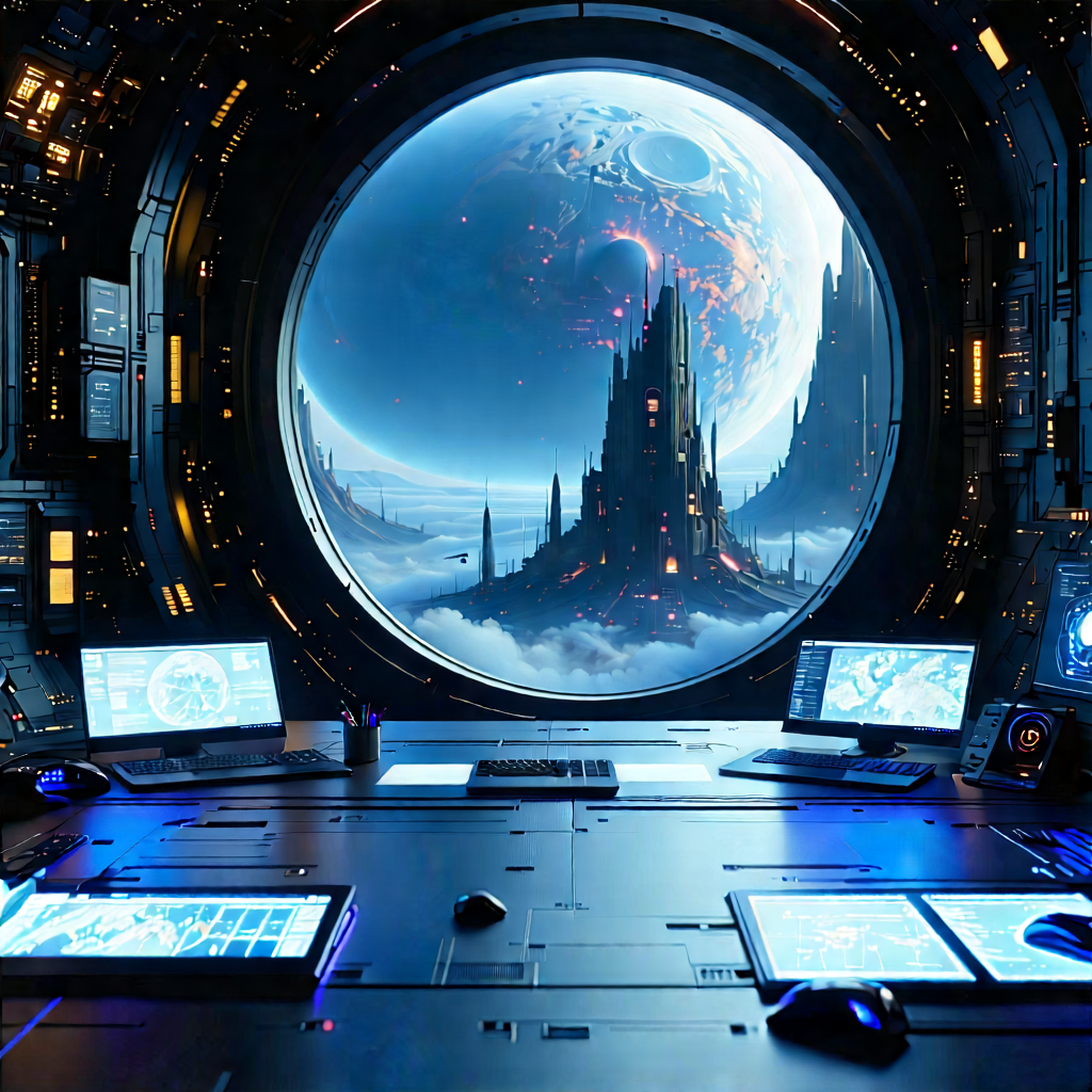 Futuristic (digital:1.23) Workspace With Futuristic Scene,