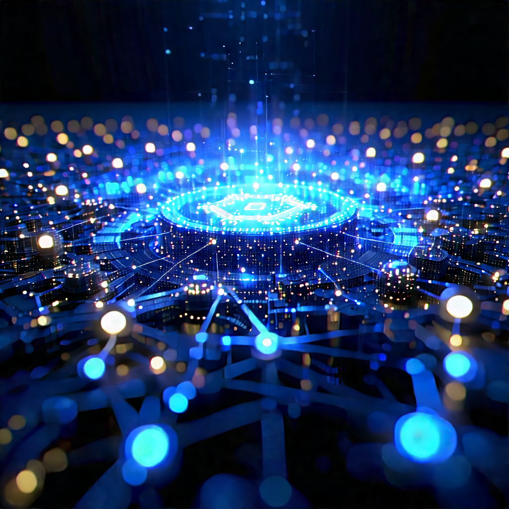 Blockchain Network Visualization With Close-up Blue
