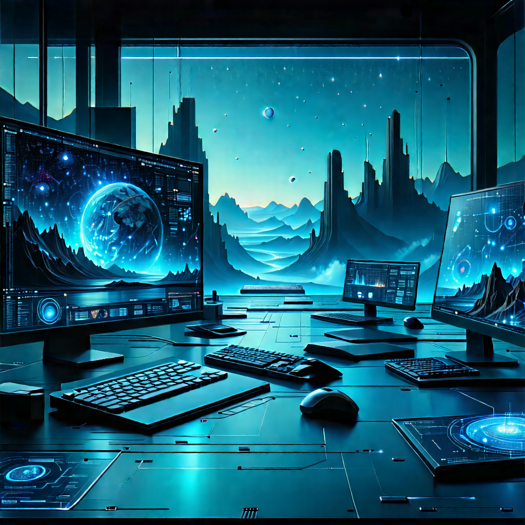 Futuristic (digital:1.48) Workspace With Futuristic Scene,