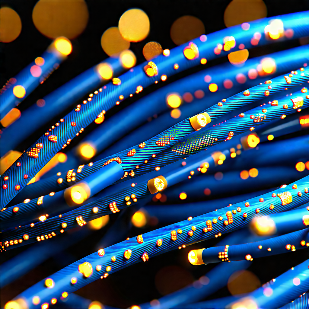Close-up Of Fiber Optic Cables With Blue Wire