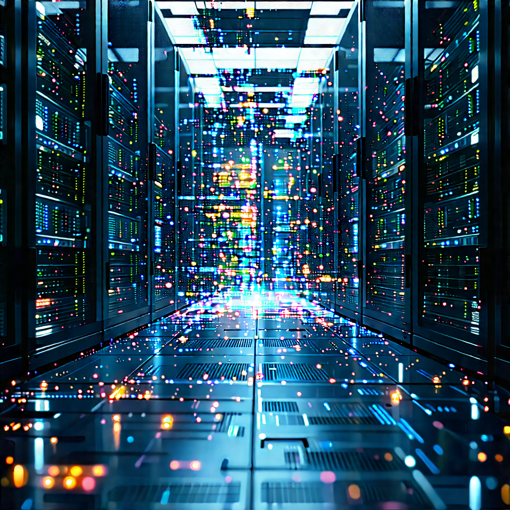 Server Rack With Digital Particles With Large Computer