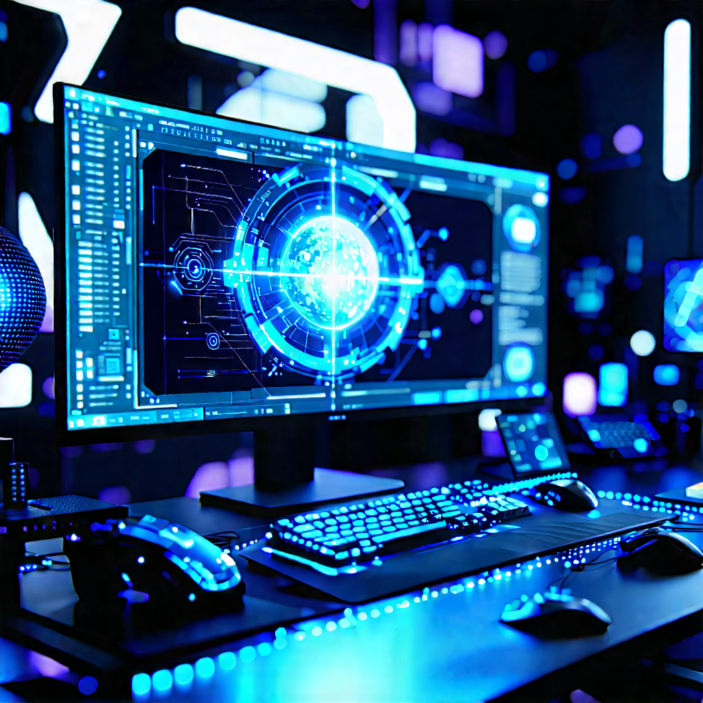 (futuristic:1.14) (digital:1.4) Workspace With Computer Setup
