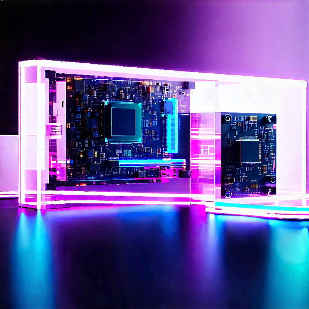 Quantum Computer With Neon Accents With Computer Boards,