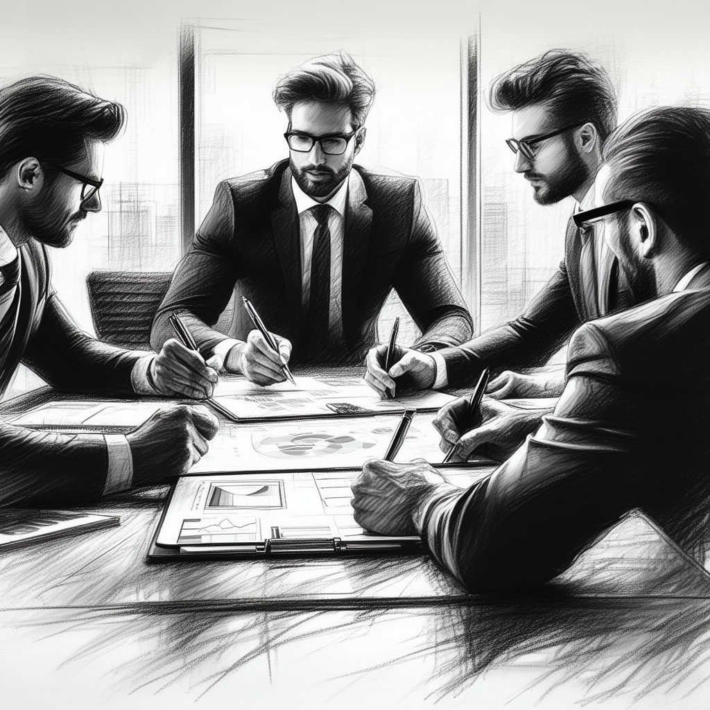 Business Charcoal Drawing: Corporate Team Collaborating On Business Strategy With There Four