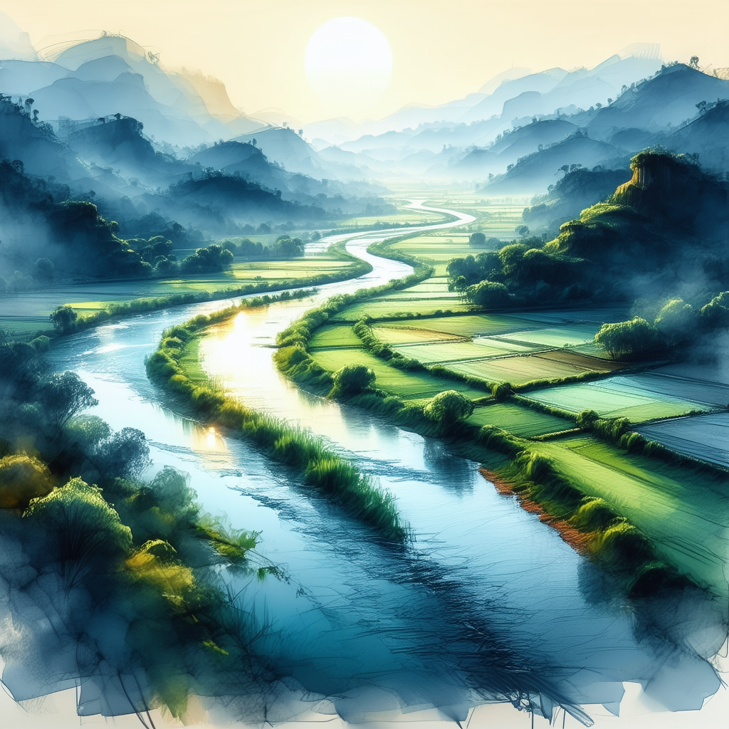 Nature Pencil Sketch: Aerial View Of Winding River With Painting Beautiful