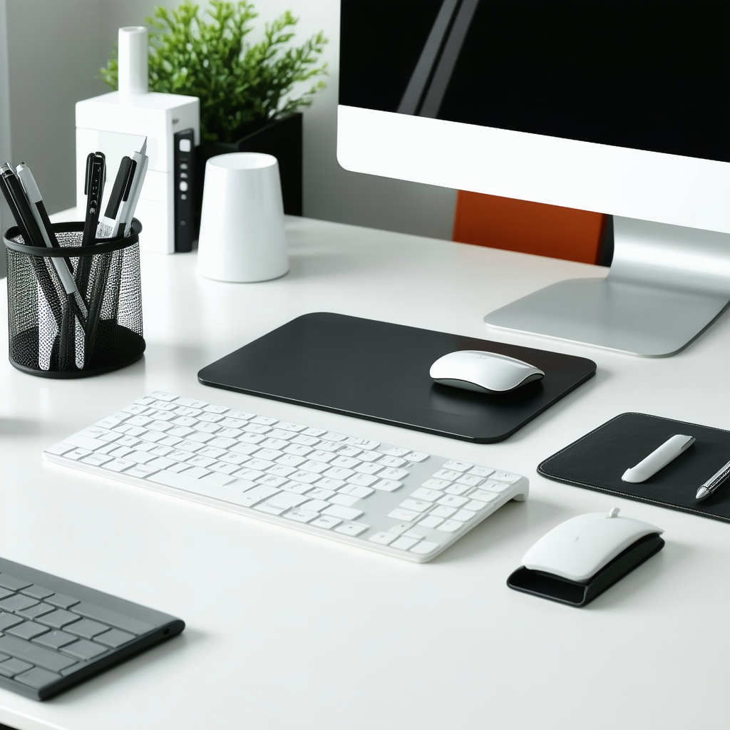 Business Product Photography: Workplace With Modern Office Supplies On Desk With White Desk