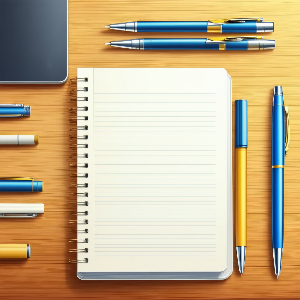 Business Digital Illustration: Workplace with notebooks and pens on desk