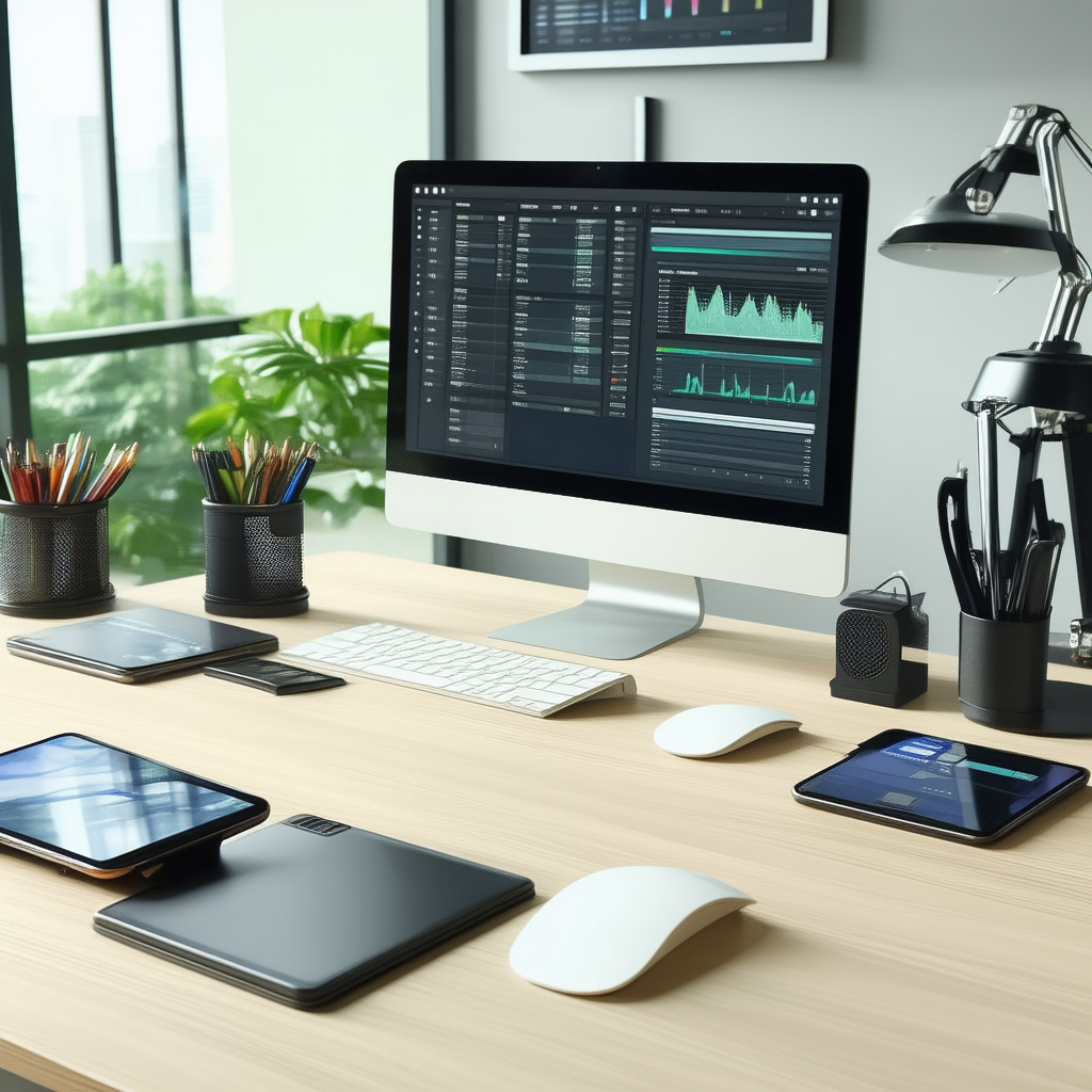 Business Digital Illustration: Workplace with (digital:1.41) devices on desk